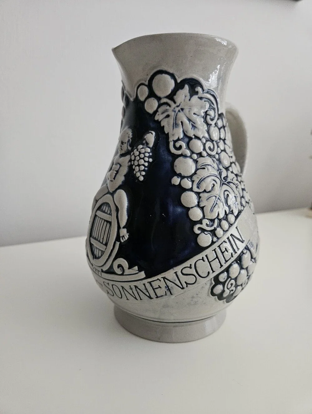 VTG German Stoneware Cobalt Blue & Gray Wine Pitcher | SZ 7